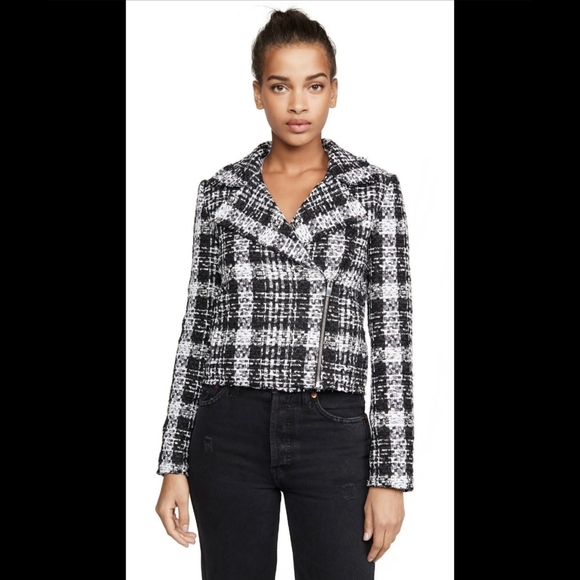 Theory Slim Moto Jacket In Rubber Tweed Black And White‎ Women's Size 16